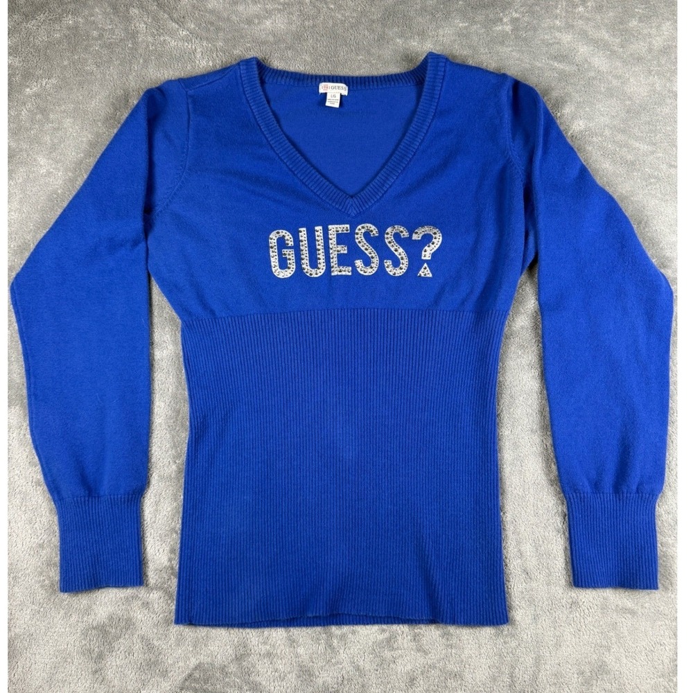 Y2K GUESS Rhinestone Logo V Neck Sweater Womens L Blue Fitted *read description